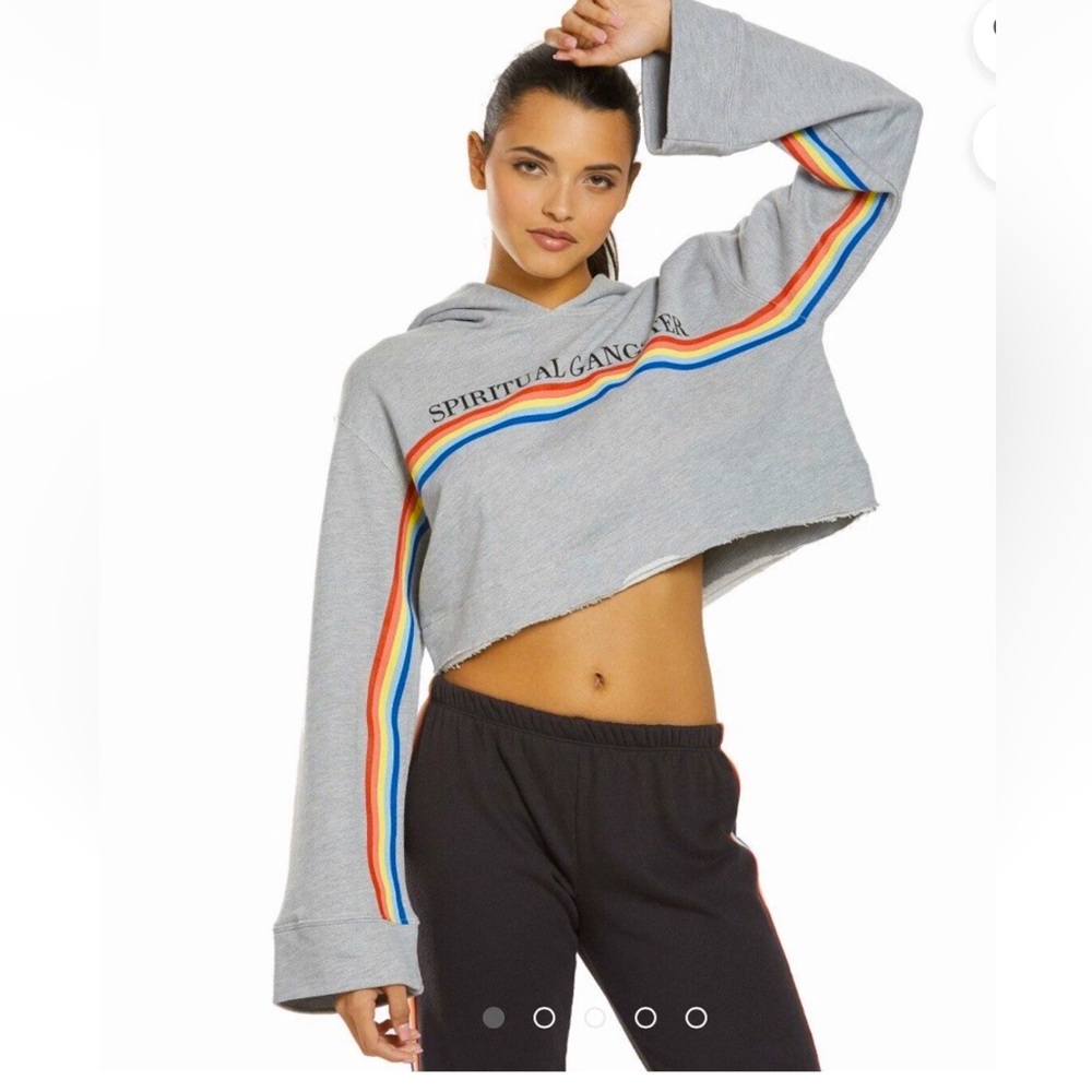 Spiritual gangster rainbow dance the night away crop hood sweatshirt gray Small
